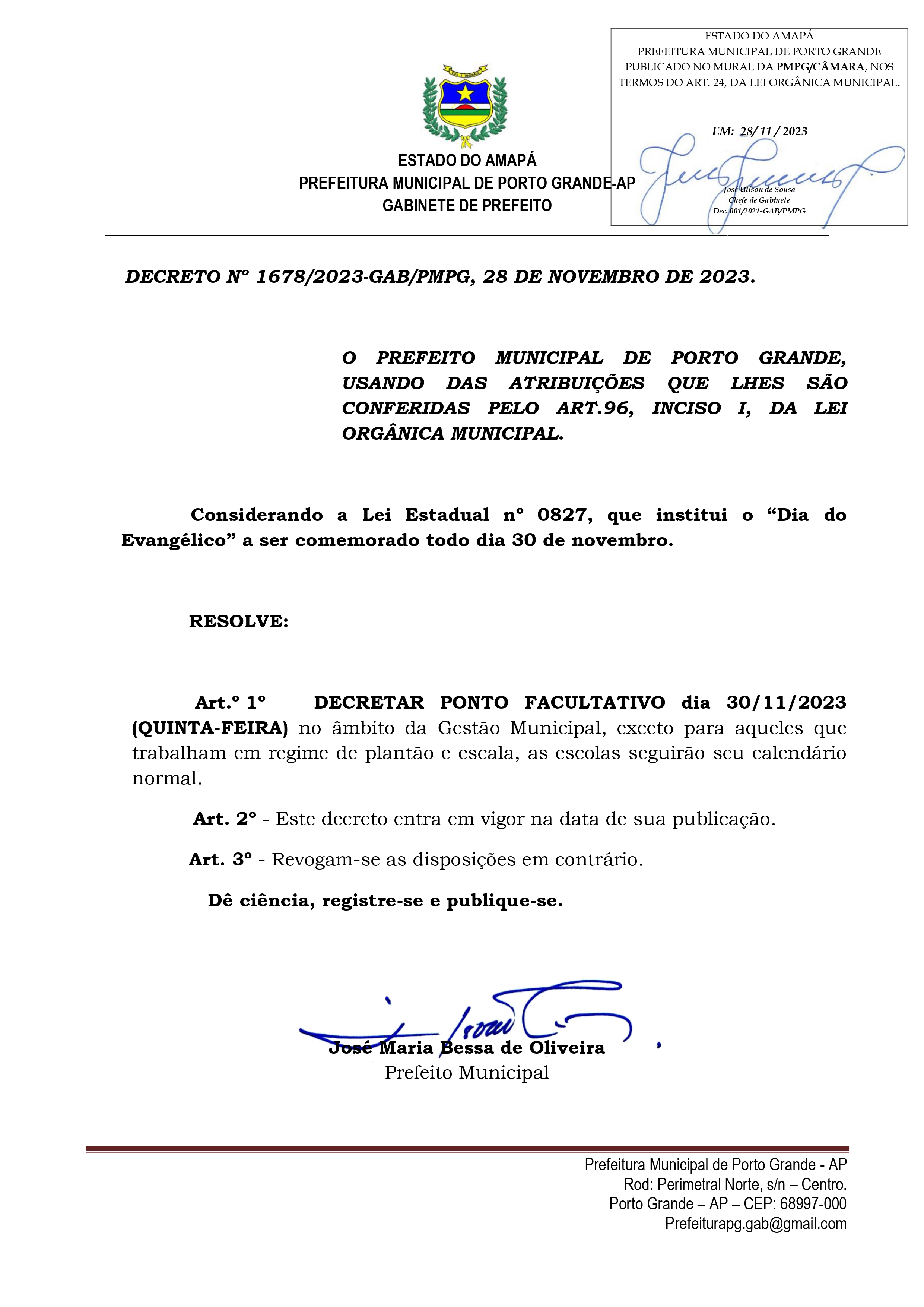 DECRETO Nº 1678/2023-GAB/PMPG.